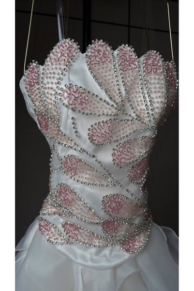 MILANORA Luxury White Midi Evening Dress with Pink and Silver Beaded Sequins and 3D Ruffled Organza Skirt