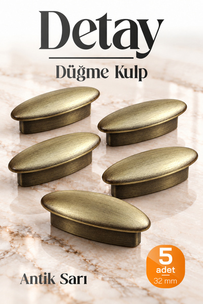 Badem10 (5 ADET) Detay Metal Antik Sarı Düğme Kulp 32 mm (3,2 cm) Dolap Çekme...