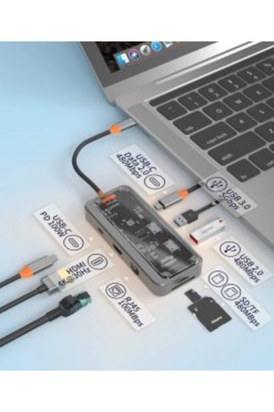 OEM Διανομέας 8 σε 1 Type-C Με 2 Θύρες USB-3.0, 2 Θύρες Type-C, 1 Θύρα HDTV, ...