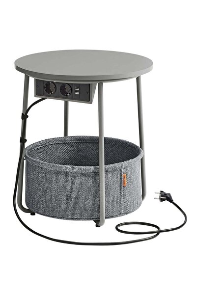 VASAGLE Măsuță de cafea rotundă cu coș din material textil, 2 prize și 2 port...