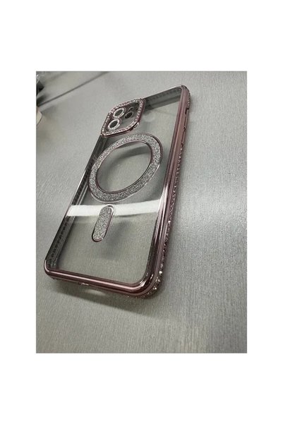 Apple Θήκη σιλικόνης Glitter and Strass MagSafe με προστασία κάμερας ροζ iPho...