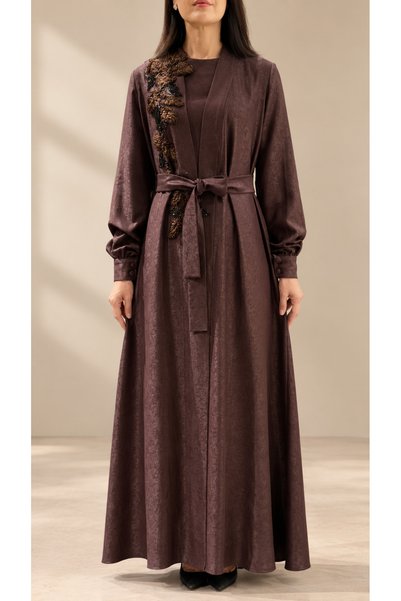 DAWN LİNE Women's 3D Embroidered Abaya Dress Double Set - Beaded Embroidered ...