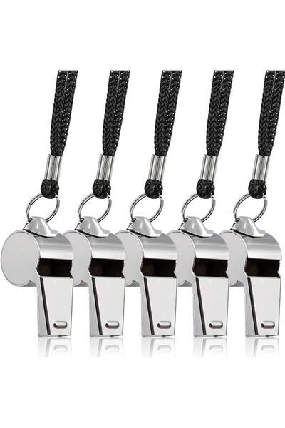 FineGood 5 Packs Stainless Steel Whistle, Loud Metal Whistle with Lanyard for...