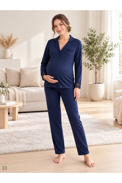 FLZ Maternity Viscose Pajama Set, Buttoned, Long Sleeve, Breastfeeding Compatible Homewear M-Xxl 25-20