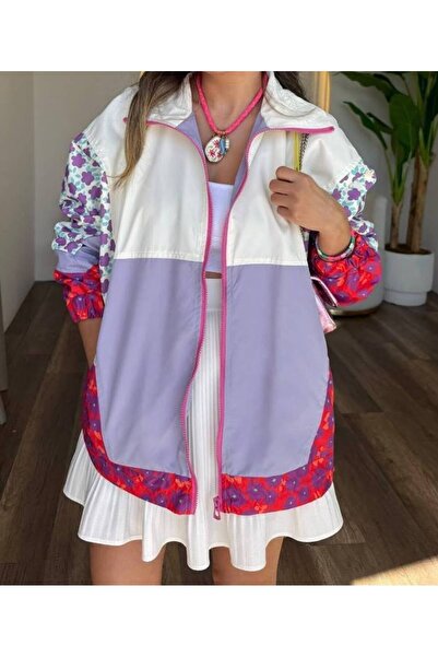 moda rüyası Women's Colorful Floral Patterned Block Detailed Zippered Raincoat Jacket