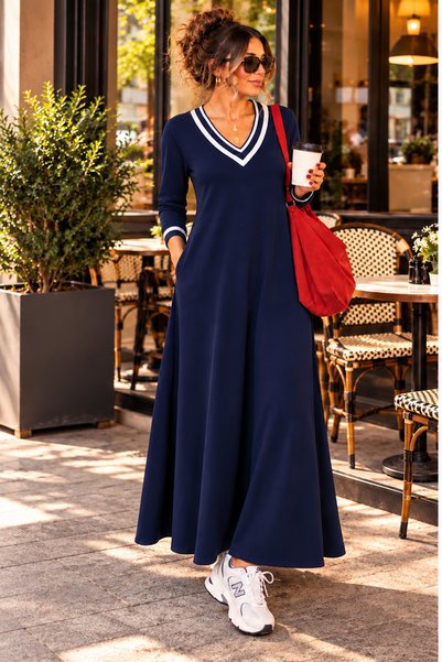 Sisa Butik Kadın V Yaka Beyaz Şerit Detaylı Uzun Kollu Rahat Kesim Günlük Max...
