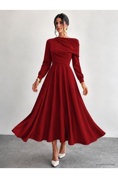 JANES Rochie de damă cu mânecă lungă, cu pliuri la umăr, lungime midi, din cr...