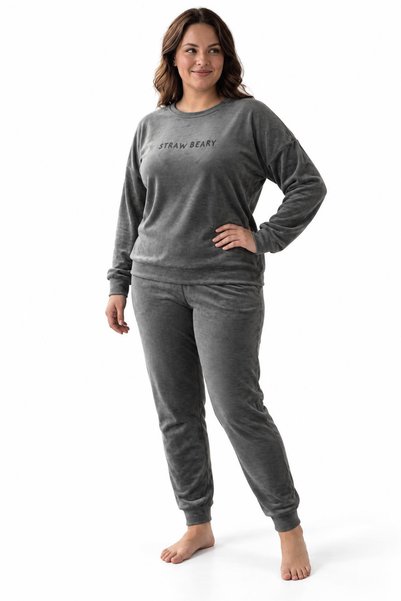 cotonhause Kadın Büyük Beden Uzun Kol Kadife Kumaş Gri Pijama Takımı C3T1N07