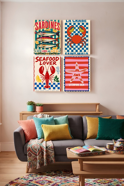 shishka 4'lü Parça Retro Seafood Lover & Vitamin Sea Yazılı Duvar Tablosu Set...