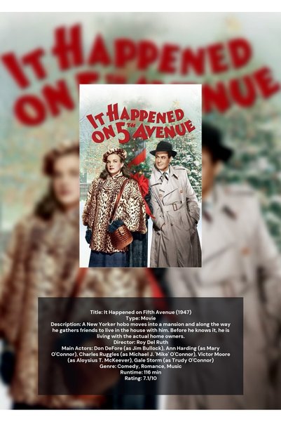 OEM Infographic Poster It Happened on Fifth Avenue, Classic Comedy Film, 250g...