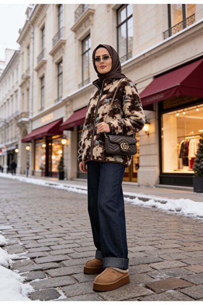 Aselim Hijap Moda Terra Desenli Fermuarlı Yumoş Hırka Kahverengi Mavi