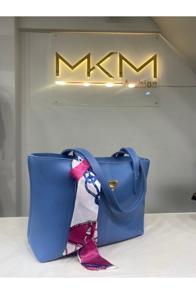 MKMfashion Kadın Mavi Fular Detaylı Geniş Hacimli Omuz Çantası