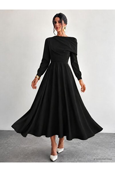 DRESSIFY WOMEN’S FASHION Rochie de damă cu mânecă lungă, cu pliuri la umăr, l...