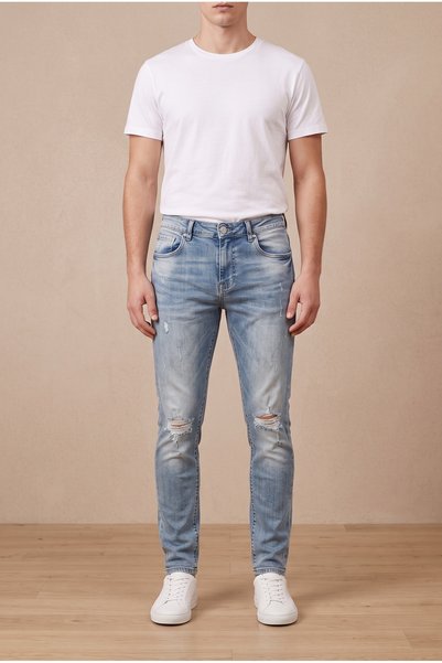 OEM Blugi barbati casual regular fit deschisi la culoare cu rupturi la genunc...