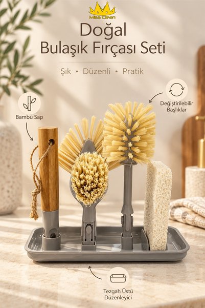 Miss Clean Doğal Bambu Saplı Bulaşık Fırçası Seti – Değiştirilebilir Başlıklı, Standlı, Çok Amaçlı Mutfak Temizlik Seti