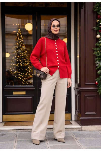 Aselim Hijap Moda İnci Detaylı Uzun Triko Hırka Kırmızı
