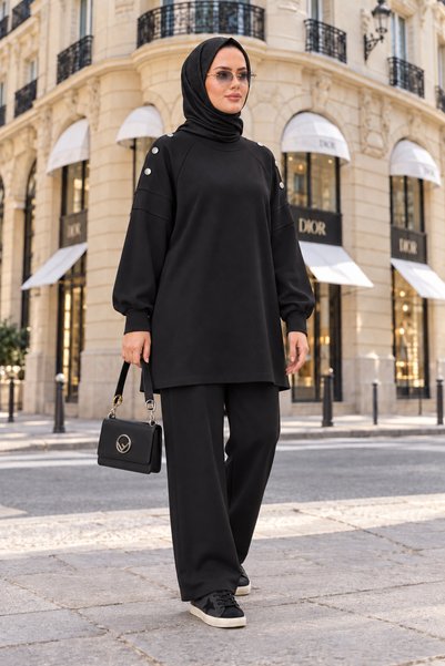 Aselim Hijap Moda Mira Omuz Düğmeli Oversize Modal Pantolonlu Takım Siyah