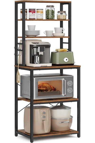 VASAGLE Etajeră de bucătărie, Spațiu pentru cuptorul cu microunde, 6 rafturi, 40x60x167cm, Maro rustic și negru