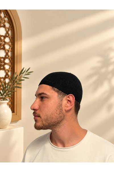 Bilenler Men's Prayer Cap with Zigzag Pattern Standard Size Mv001 Hajj Umrah ...