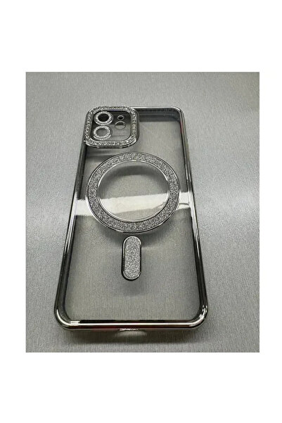 Apple Θήκη σιλικόνης Glitter and Strass MagSafe με προστασία κάμερας ασημί iP...