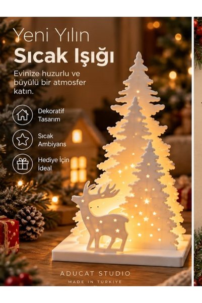 ADUCAT STUDIO Yılbaşı Dekoratif LED Mumluk – Işıklı Çam Ağaçları ve Geyik Fig...
