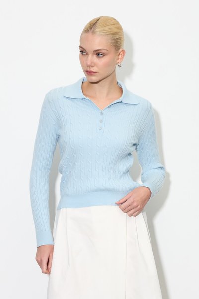 Zeyyen Polo Yaka Balık Sırtı Triko Bluz Bebe Mavisi