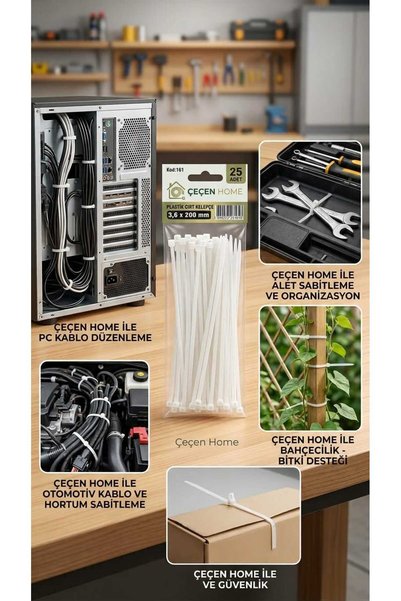 ÇEÇEN HOME 1 adet Beyaz Plastik Cırt Kelepçe 3,6 x 200 mm 25 Adet Çok Amaçlı Kablo Düzenleyici Ve Bahçe Bağlama Bağı