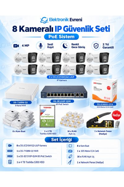 Hikvision 8 Kameralı 4MP IP Güvenlik Seti Sesli Renkli Gece Görüş PoE S300 4TB