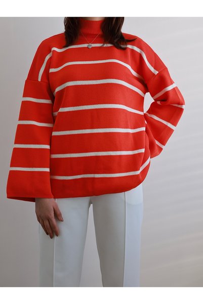 Hepsi Moda High Collar Striped Oversize Knit Sweater - Orange