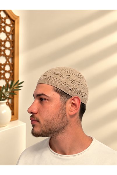 Bilenler Men's Prayer Cap with Zigzag Pattern Standard Size Mv001 Hajj Umrah ...