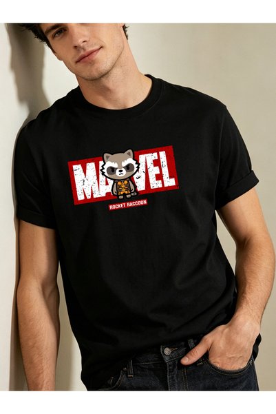 Arabest Men's 100% Cotton T-Shirt Black rocket raccoon marvel Print