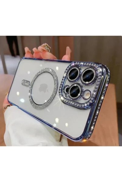 Apple Θήκη σιλικόνης Glitter and Strass MagSafe με προστασία κάμερας μπλε iPh...