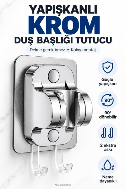 Plodna House Yapışkanlı Duş Başlığı Tutucu – 90° Ayarlanabilir, 2 Ek Lif Askılı