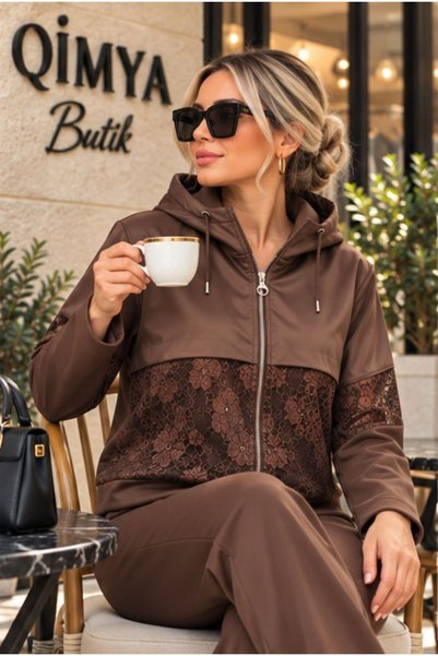 QİMYA BUTİK Lucky Life Women's Lace Detailed Hooded Cotton Jacket & Pants Double Set