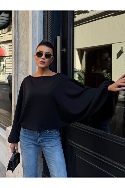 LE CARAMBOLE Women's Black Boat Neck Bat Sleeve Oversize Modal Blouse