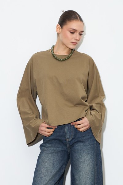 Zeyyen Yarasa Kol Oversize Bluz Haki