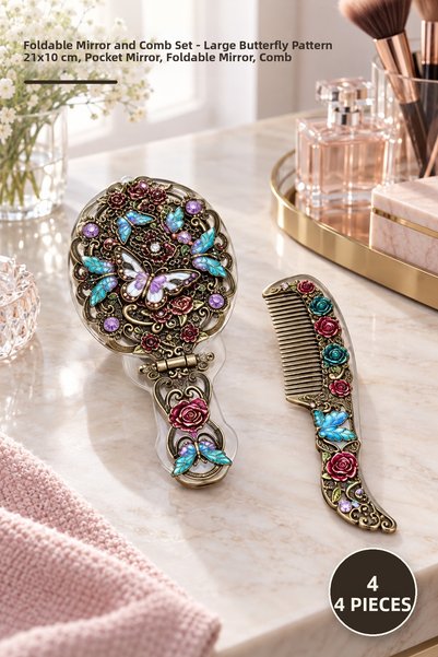 Yenilig 4-Piece Foldable Mirror and Comb Set – Butterfly Patterned Large Size...