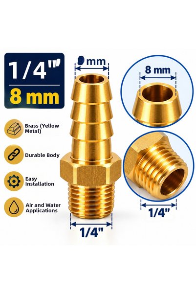 Generic Brand Gds 1/4” 8 mm Yellow Brass Male Hose Fitting – Serrated Hose Connector Coupling – Pneumatic Air and Water Connection Nipple