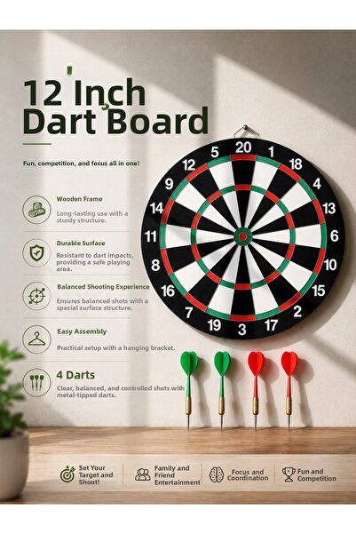 Lisinya 12 Inch Wooden Dart Board Including 4 Metal Tip Darts -
