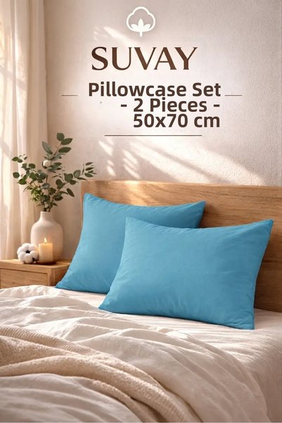 SUVAY Set 2 huse de pernă cu husă din bumbac albastru 50x70 cm