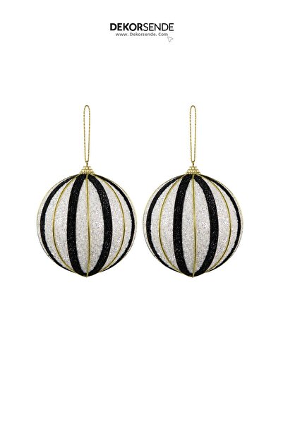 Dekorsende Christmas Tree Ball with Gold Stripe and Pearls, 2-Piece Set, Blac...