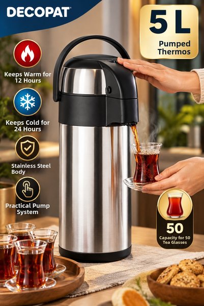 Decopat 5 Liter Top-Press Stainless Steel Thermos, Keeps Hot for 12 Hours and...