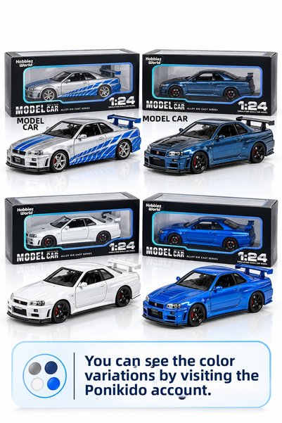 PONİKİDO Nissan Skyline Gt-R R34 1:24 Scale Metal Toy Car 22cm Sport Model with Openable Doors, Hood and Trunk