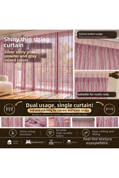 AKÇA TEKSTİL Ip Curtain Special Series Thin Chain Silver Silvery Pink-Purple-...