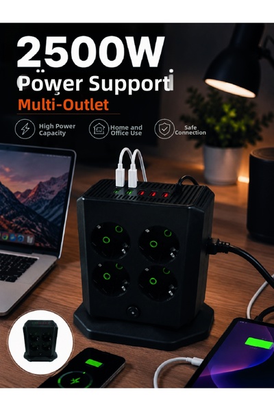 Lisinya Multiple Socket 8 Outlets 4 USB 2 Type-C Switched Vertical Socket Tow...