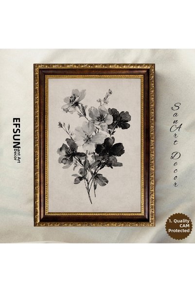Sanart Black and White Floral Illustration Vintage Framed Painting, Vintage D...