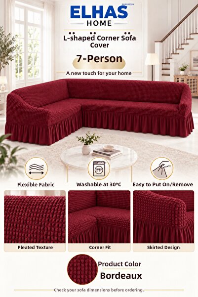 ELHAS Bürümcük Fabric 7-Seater L Corner Sofa Cover with Skirt