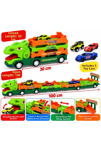 SUDESA OYUNCAK Dinosaur Tir 3 Cars with Launcher 100 cm Openable Race Track P...