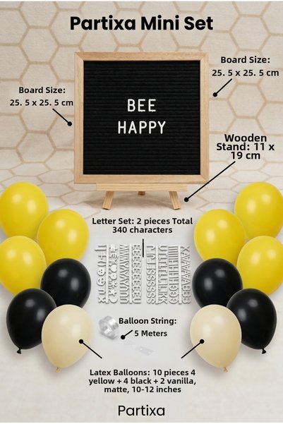 Partixa Honey Bee Themed Birthday Decoration Mini Set Black Felt Writing Board with Stand and Balloon Chain 1 Year Old Concept