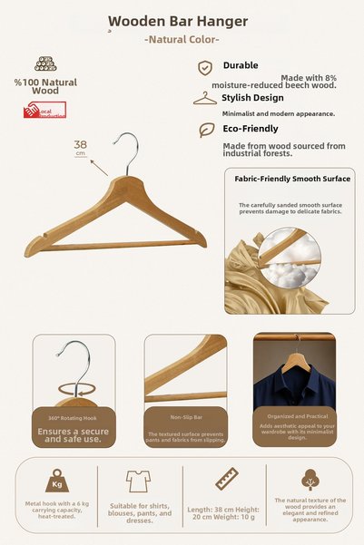 NYN Wooden M002-Çb Bar 38cm Women-Youth Shirt, Trouser Hanger Natural Color 5...